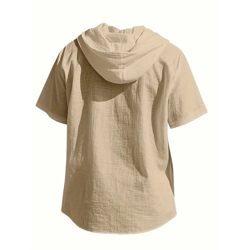 Noxwear -  Cotton Linen Shirt for Men Hooded Short Sleeve Solid Color Breathable Lightweight Drawstring Design Shirts Casual Basic Tees