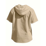 Noxwear -  Cotton Linen Shirt for Men Hooded Short Sleeve Solid Color Breathable Lightweight Drawstring Design Shirts Casual Basic Tees