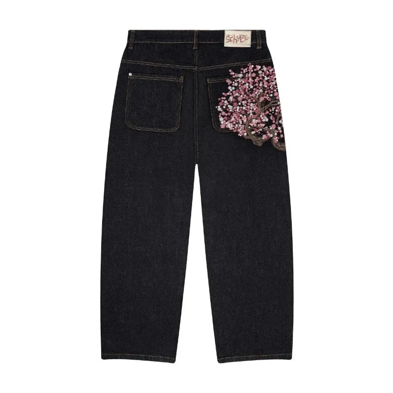 Noxwear - Y2K Baggy jeans Cherry Blossom Selvedge Embroidery Denim Pants men women denim fabric American Hiphop Streetwear Wide Leg Jeans