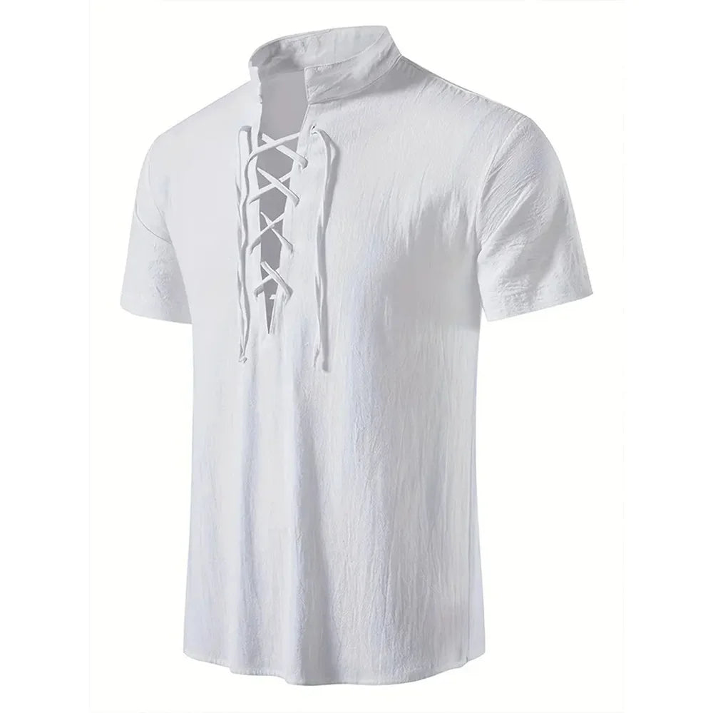 Noxwear - Men's Retro Shirt Short Sleeve Cotton Linen Lightweight Breathable Solid Color Fashion Tops Pirate V-neck Male Stylish Shirs