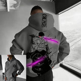 Men’s hooded sweatshirt in gray with bold front graphic print and purple accents, featuring cotton fabric for comfort and modern streetwear style.