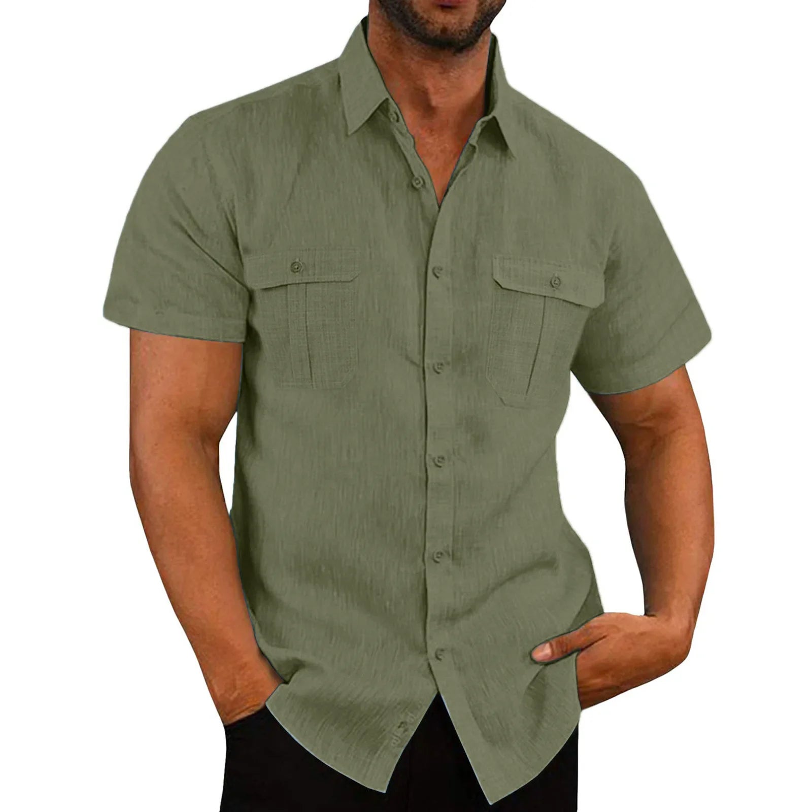 Noxwear - Cotton Linen Hot Sale Men Short-Sleeved Shirts Summer Solid Color Comfort Collar Casual Beach Style Plus SizeMale Shirts M-5XL