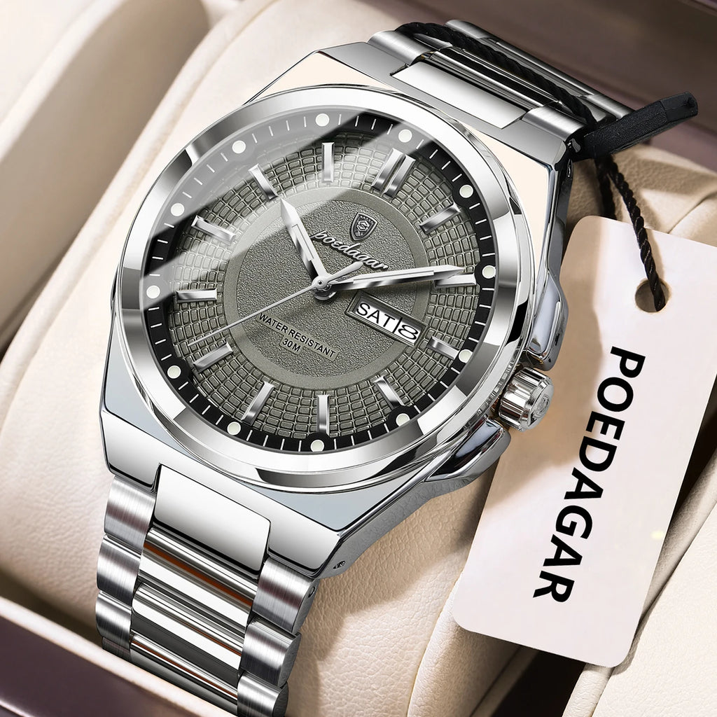 Noxwear - POEDAGAR Sport Original Men Clock Quartz Date Week Luxury Man Wristwatch Waterproof Luminous Stainless Steel Men's Watches Reloj