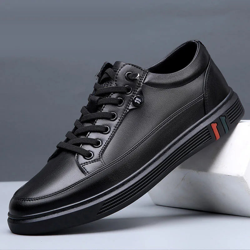 Noxwear - New Shoes for Men Genuine Leather Casual Shoes Spring Autumn Cool Black Flat Skateboard Shoes Youth Fashion Slip-on Sneakers