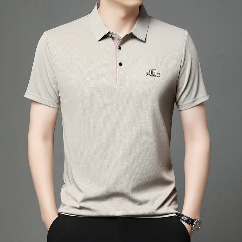 Noxwear - New Men's Business Casual Short Sleeved Shirt with Badge Solid Color Polo Shirt Fashionable Breathable Comfortable Versatile Top