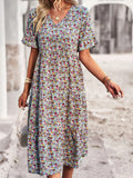Noxwear Msfilia Fashion V Neck Elegant Printed Dress Women Summer Short Sleeve High Waist A Line Floral Holiday Dresses