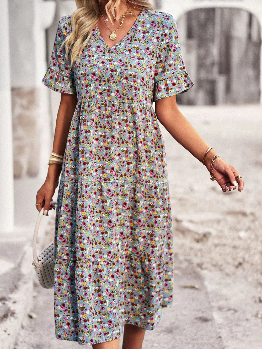 Noxwear Msfilia Fashion V Neck Elegant Printed Dress Women Summer Short Sleeve High Waist A Line Floral Holiday Dresses