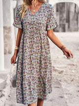 Noxwear Msfilia Fashion V Neck Elegant Printed Dress Women Summer Short Sleeve High Waist A Line Floral Holiday Dresses