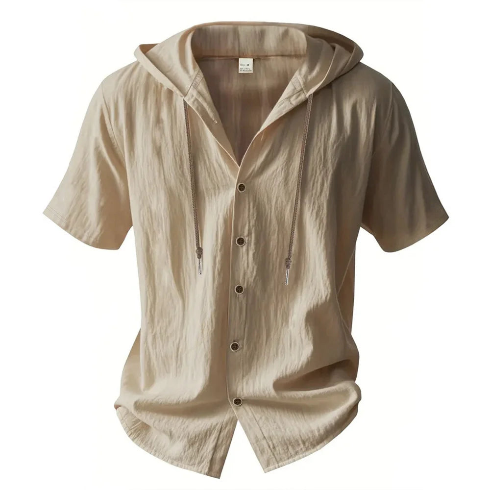 Noxwear -  Cotton Linen Shirt for Men Hooded Short Sleeve Solid Color Breathable Lightweight Drawstring Design Shirts Casual Basic Tees