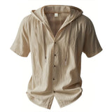 Noxwear -  Cotton Linen Shirt for Men Hooded Short Sleeve Solid Color Breathable Lightweight Drawstring Design Shirts Casual Basic Tees