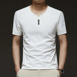 Noxwear - 2025 New Men's Business Casual Three Button V-neck Short Sleeved T-shirt Korean Style Summer Comfortable Versatile Top