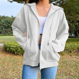 Noxwear - Autumn Fleece Hoodie Solid Color Hooded Korean Fashion Sweatshirts Long Sleeve Top Drawstring Pockets Loose Zipper Black Hoodies