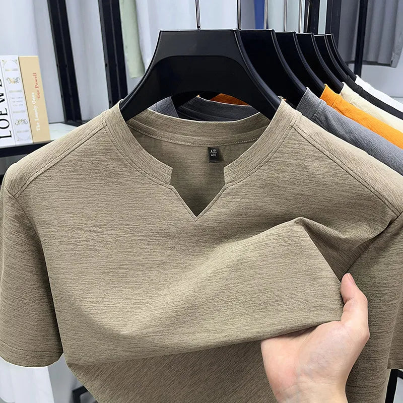 Noxwear - Korean Men's Casual and Fashionable Small V-neck Solid Color Short Sleeved T-shirt Comfortable Summer Versatile Top