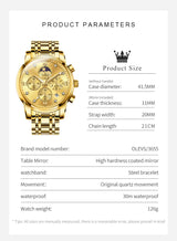 Noxwear - OLEVS Top Luxury Brand Men's Watches Moon Phase Chronograph Quartz Watch for Man Gold Stainless Steel Luminous Original Watch