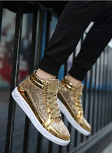 Noxwear - Men's Boots Nightclubs Fashiona Sequins With Diamonds Gold Leather Boots Trendy High Top Sports Casual Shoes Large Size 38-48