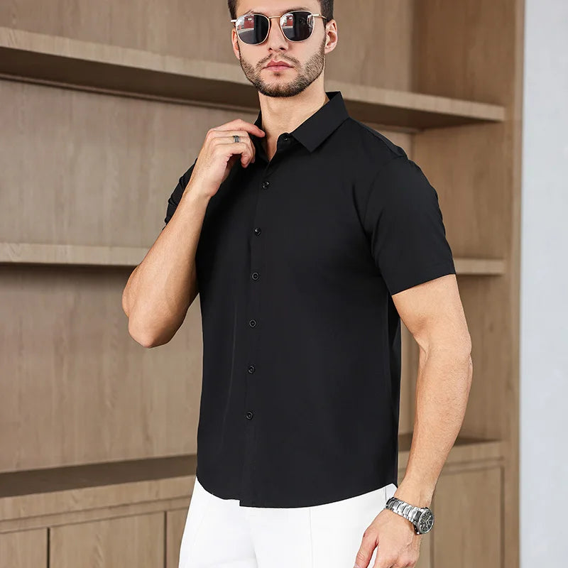 Noxwear -New Men's Business Casual Solid Color Short Sleeved Shirt for Summer Fashion No Ironing Comfortable and Versatile Top