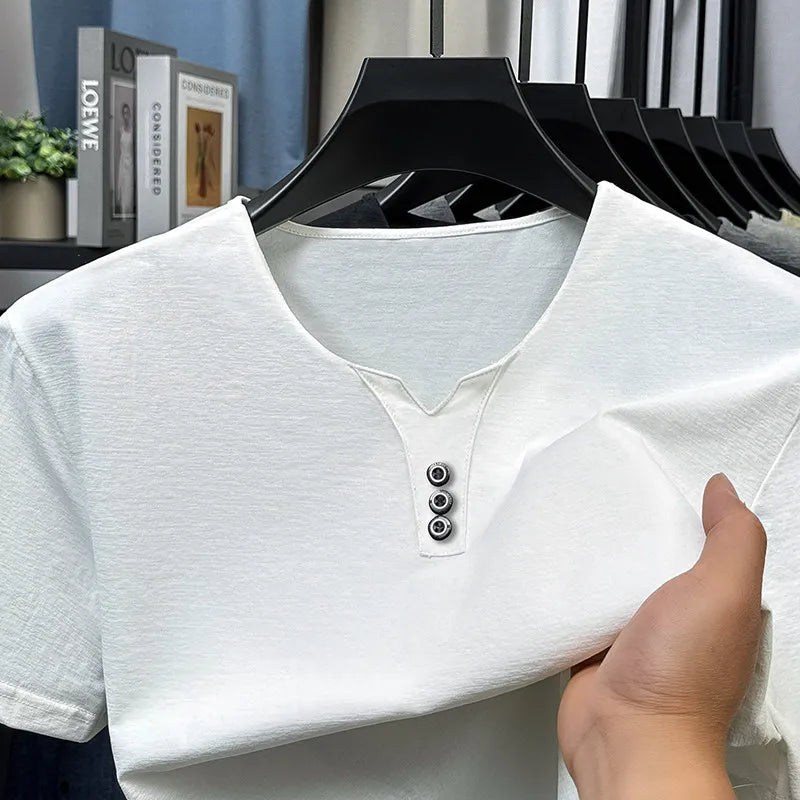 Noxwear - 2025 New Men's Business Casual Three Button V-neck Short Sleeved T-shirt Korean Style Summer Comfortable Versatile Top