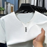 Noxwear - 2025 New Men's Business Casual Three Button V-neck Short Sleeved T-shirt Korean Style Summer Comfortable Versatile Top