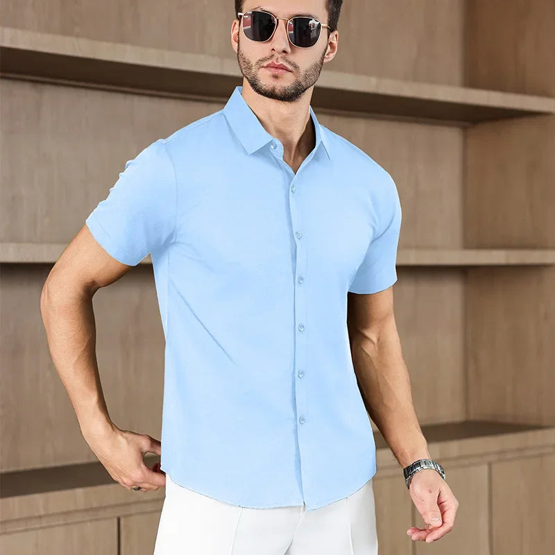 Noxwear -New Men's Business Casual Solid Color Short Sleeved Shirt for Summer Fashion No Ironing Comfortable and Versatile Top