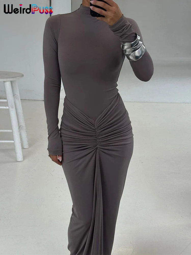 Noxwear Weird Puss Hipster Ruched Dress Women o-NeckFull Sleeve  Skinny Stretch Robe Autumn Trend Simple Classic Pleats Long Bodycon