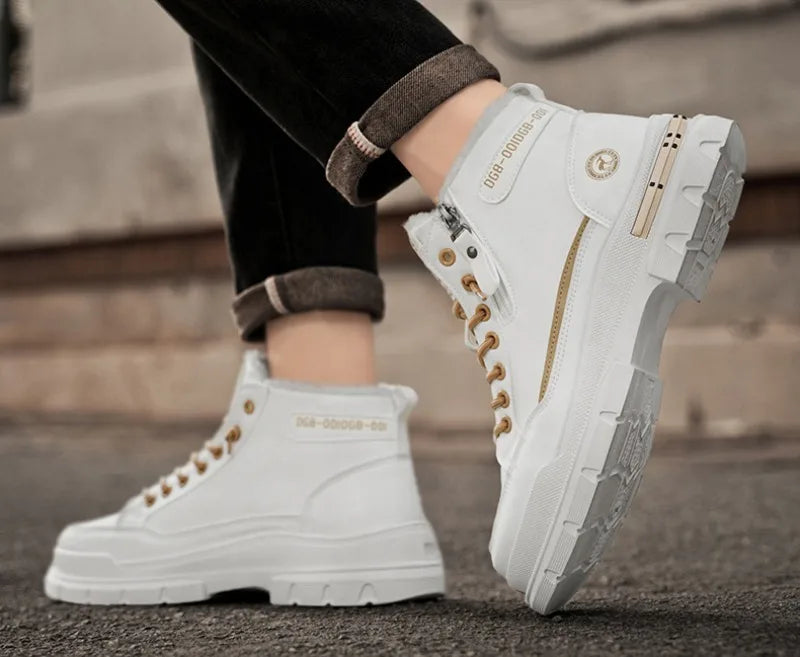 Noxwear - Winter Mens Warm Ankle Boots Fashion Versatile White Leather Shoes Outdoor Non-slip Sneakers for Man Motocycle Snows Boots Botas