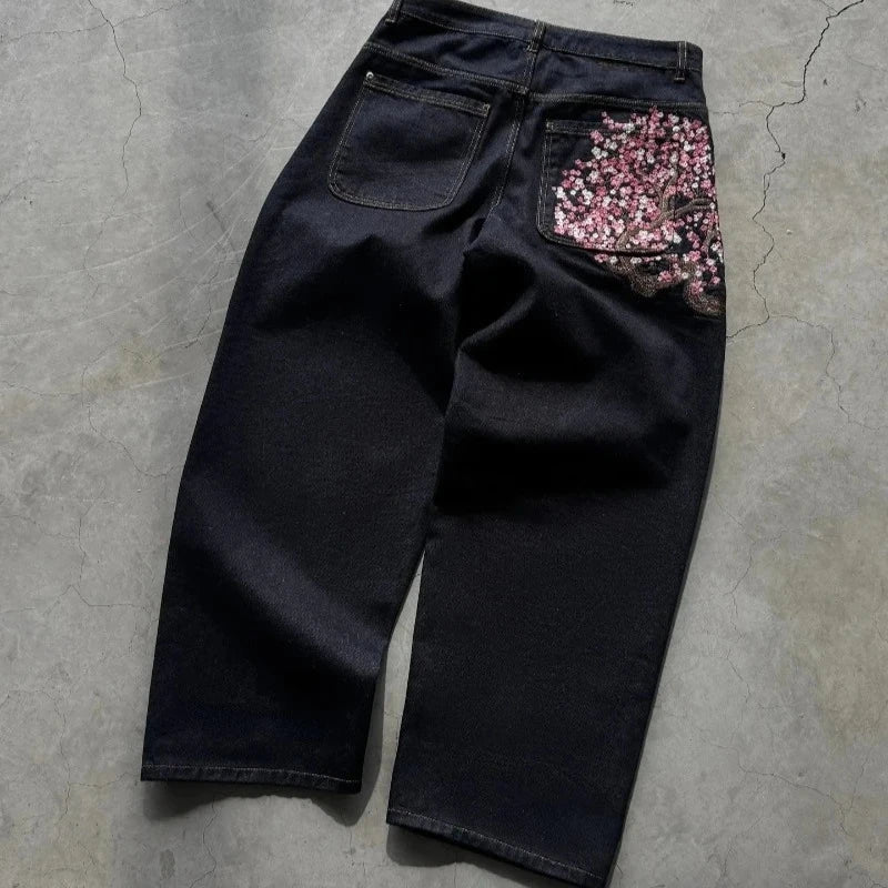 Noxwear - Y2K Baggy jeans Cherry Blossom Selvedge Embroidery Denim Pants men women denim fabric American Hiphop Streetwear Wide Leg Jeans