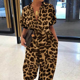 Noxwear Summer Fashion V-Neck Button Lace-Up Jumpsuit Short Sleeve Loose Playsuit Overalls Women Elegant Leopard Print Pocket Rompers