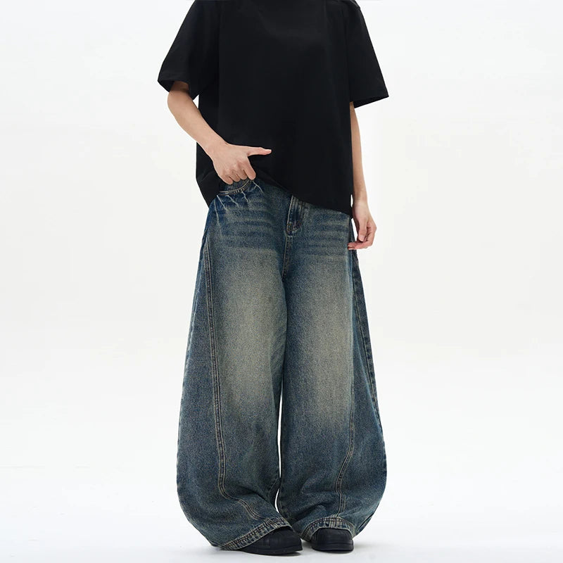Noxwear - Spring New Men's Jeans Oversized Wide Leg Pants Loose Vintage Patchwork Lightning Cracked Denim Trousers Streetwear Male