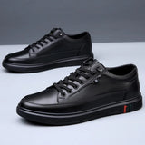 Noxwear - New Shoes for Men Genuine Leather Casual Shoes Spring Autumn Cool Black Flat Skateboard Shoes Youth Fashion Slip-on Sneakers