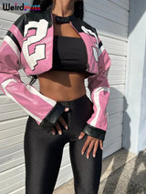 Noxwear Weird Puss Faux Leather Varsity Jacket Women Hipster Letter Print Autumn Casual Sporty Wild Streetwear Uniform Trend Crop Coat