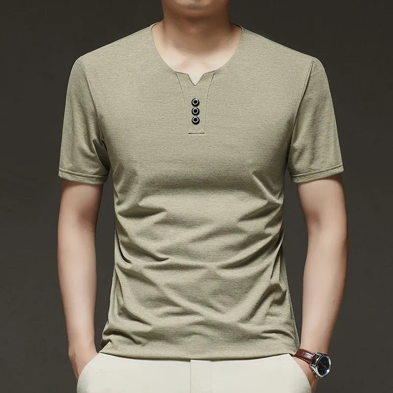 Noxwear - 2025 New Men's Business Casual Three Button V-neck Short Sleeved T-shirt Korean Style Summer Comfortable Versatile Top