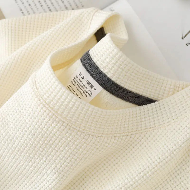 Noxwear - Waffle Short Sleeved T-shirt for Men and Women Summer Japanese Round Neck Half Sleeved Top Loose Casual Solid Color T-shirt