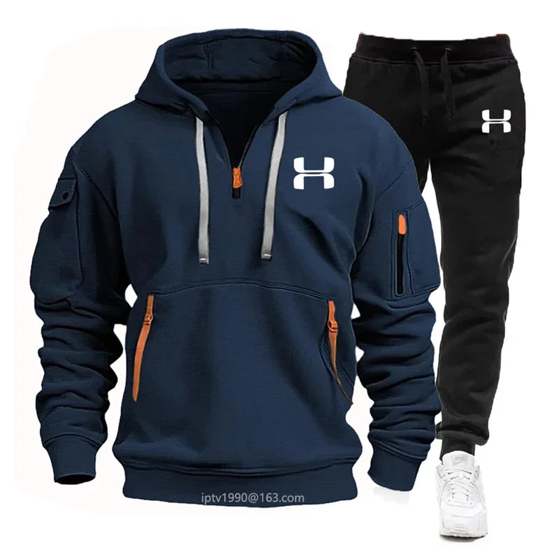 Noxwear-Men new autumn and winter multi-pocket zipper long-sleeved hoodie + sports and leisure pants two-piece fitness jogging suit