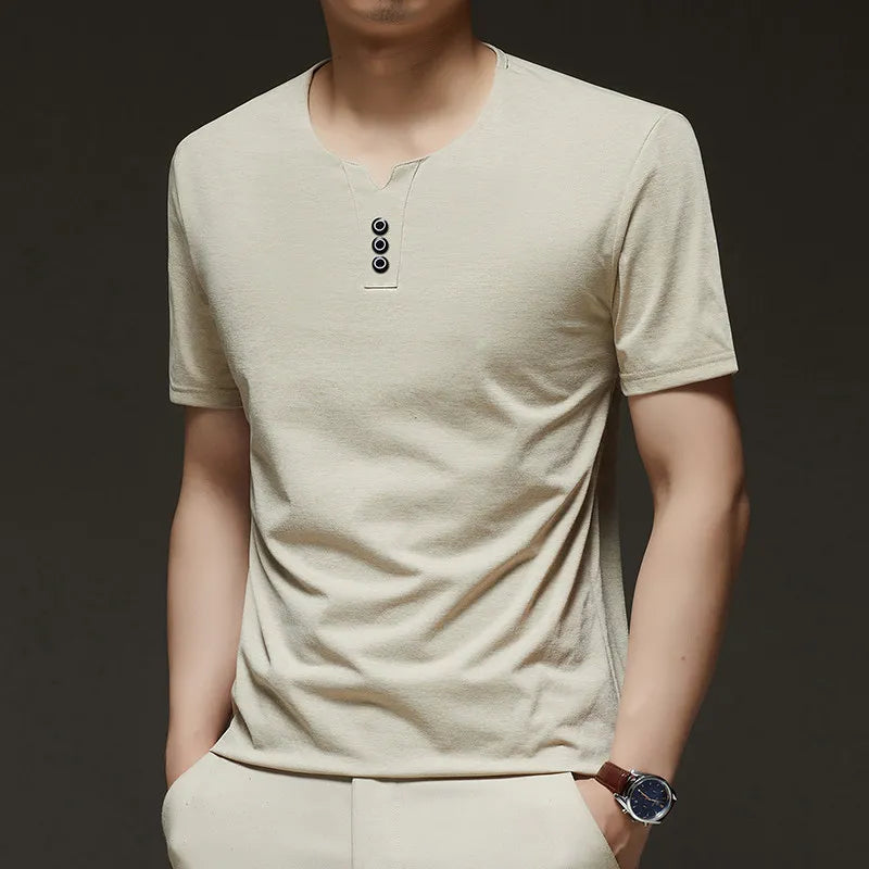 Noxwear - 2025 New Men's Business Casual Three Button V-neck Short Sleeved T-shirt Korean Style Summer Comfortable Versatile Top