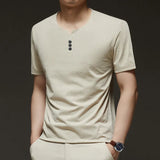 Noxwear - 2025 New Men's Business Casual Three Button V-neck Short Sleeved T-shirt Korean Style Summer Comfortable Versatile Top