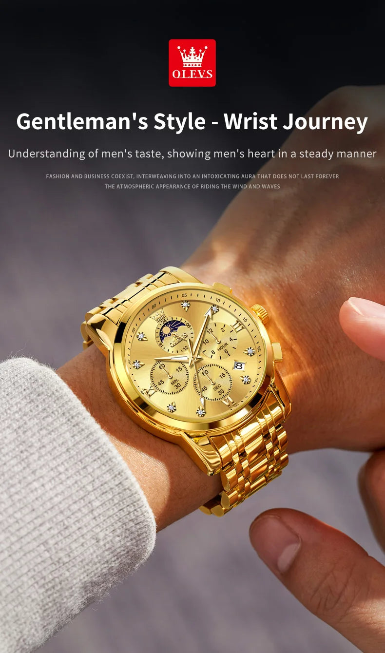 Noxwear - OLEVS Top Luxury Brand Men's Watches Moon Phase Chronograph Quartz Watch for Man Gold Stainless Steel Luminous Original Watch