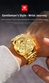 Noxwear - OLEVS Top Luxury Brand Men's Watches Moon Phase Chronograph Quartz Watch for Man Gold Stainless Steel Luminous Original Watch