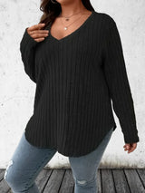 Noxwear - Plus Size 1XL-5XL  Women's Casual Fashion V Neck Long Sleeve T-Shirt  LadiesWomen's Plus Size Solid Ribbed T-Shirt Clothing