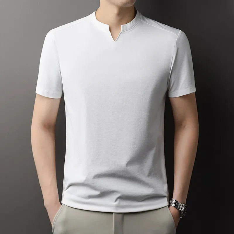Noxwear - Korean Men's Casual and Fashionable Small V-neck Solid Color Short Sleeved T-shirt Comfortable Summer Versatile Top