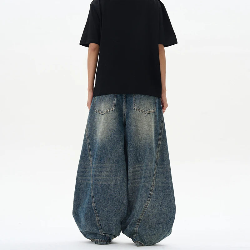 Noxwear - Spring New Men's Jeans Oversized Wide Leg Pants Loose Vintage Patchwork Lightning Cracked Denim Trousers Streetwear Male