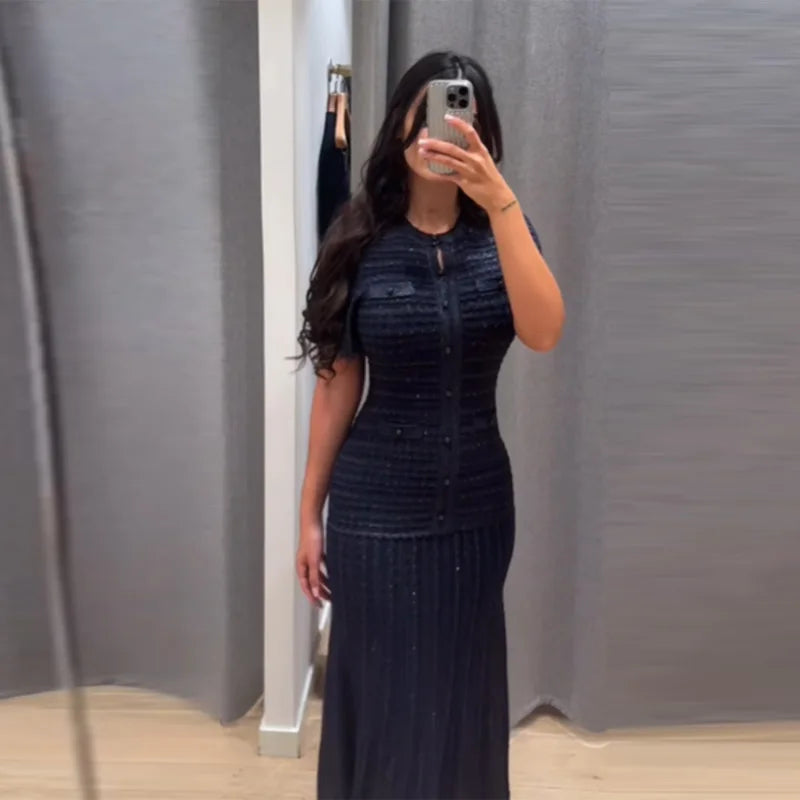 Noxwear Vintage Textured High Street A Line Vistidos Women's Chic Short Sleeve Bodycon Long Dress 2026 Casual Single Breasted Dresses