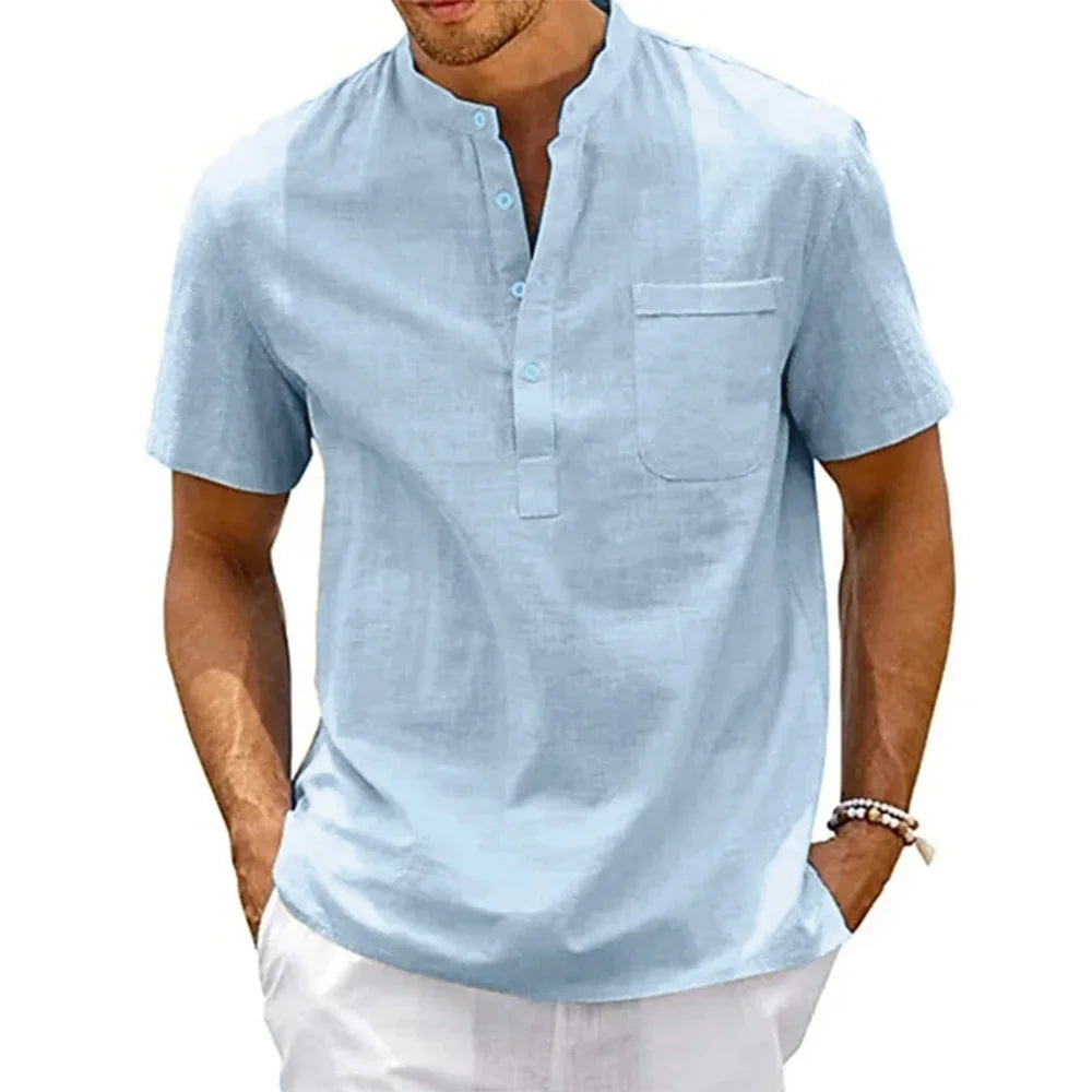 Noxwear - Cotton Linen Shirt Men Henley Neck Pocket Casual Beach Short Sleeve Solid Color Male Tops T-shirts Vintage Streetwear