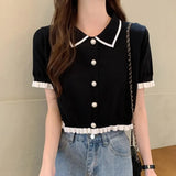 Noxwear Sweet Women Shirt Korean Knitted Turn Down Collar Chic Short Sleeve Female Blouse Summer Retro Slim All Match Ladies Crop Tops