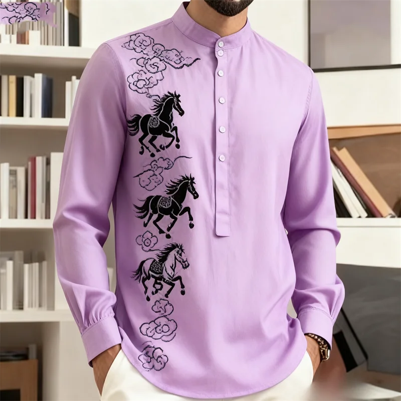 Noxwear - New men's casual fashion street men's 3D horse print shirt with collar and long sleeved top men's long sleeved shirt