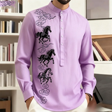 Noxwear - New men's casual fashion street men's 3D horse print shirt with collar and long sleeved top men's long sleeved shirt