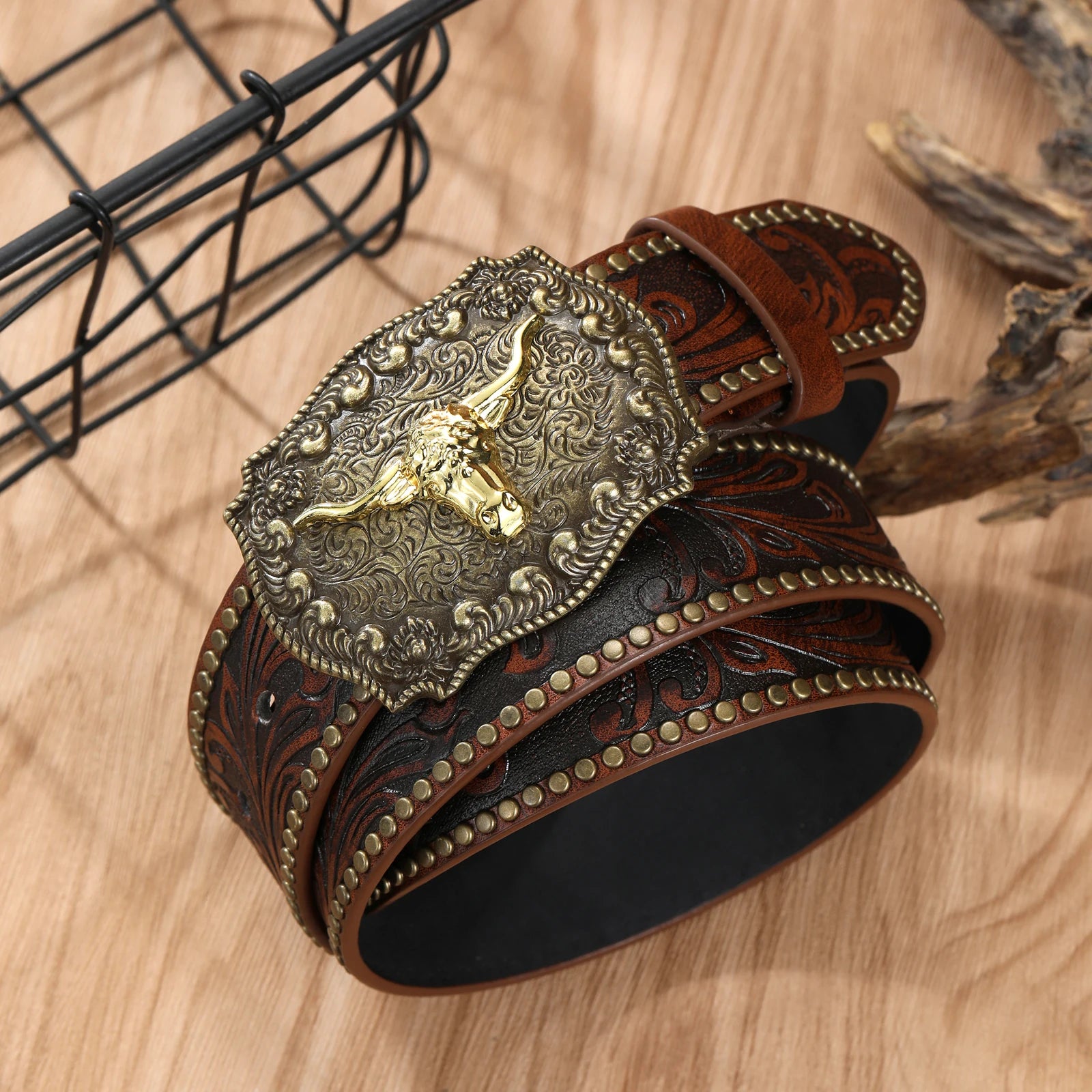 Noxwear - Western Cowboy Belt Cowhead Big Plate Buckle Trend Retro Belt Punk Style Pu Leather Belt