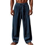 Noxwear -  New Men Cotton and Linen Casual Pants Simple and Comfortable Straight Leg Pants Waist Drawstring Plus Size Looser S-4XL