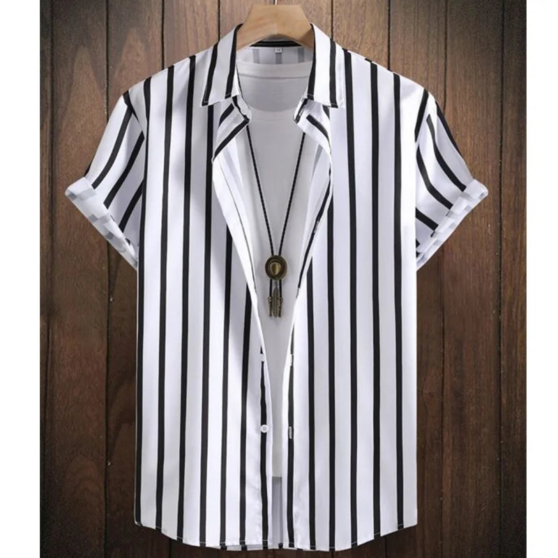 Noxwear - Hawaiian Shirts For Men 3d Stripe Print High-Quality Men'S Clothing Loose Oversized Shirts And Blooms Summer Casual Short Sleeve