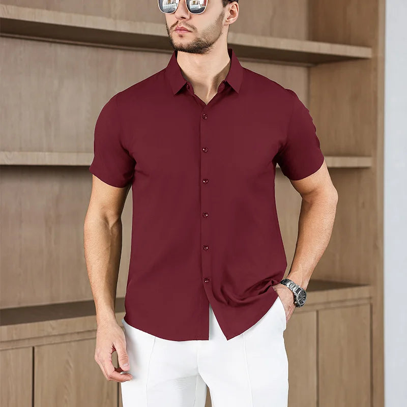 Noxwear -New Men's Business Casual Solid Color Short Sleeved Shirt for Summer Fashion No Ironing Comfortable and Versatile Top