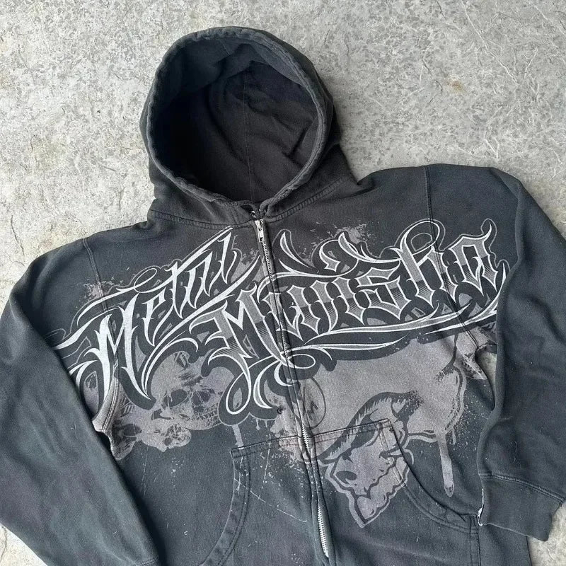 Noxwear Anime Hoodies in dark tones featuring bold chest graphic with stylized text and artistic patterns for oversized streetwear style.